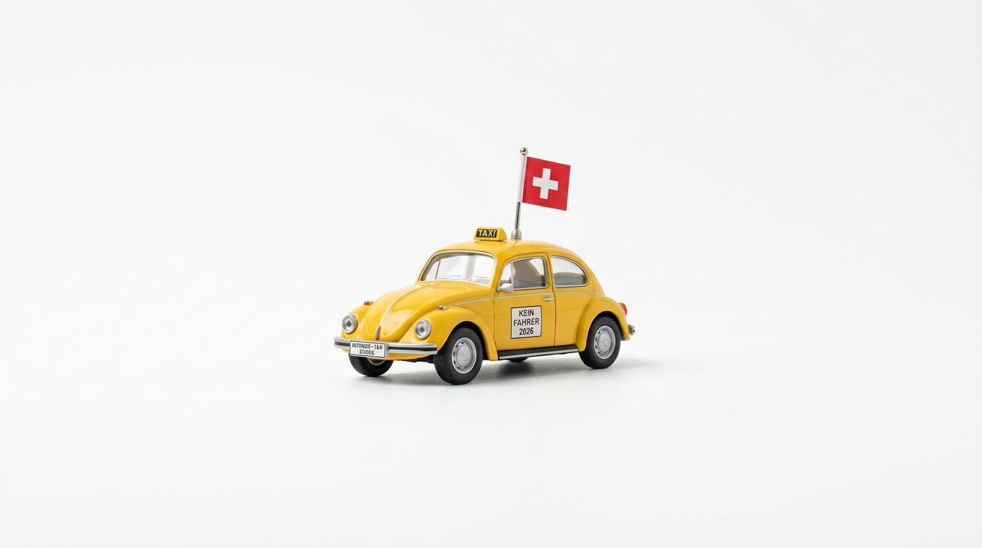 Gelbes VW Käfer-Modellauto mit Schweizer Fahne und Taxi-Schild auf weißem Grund