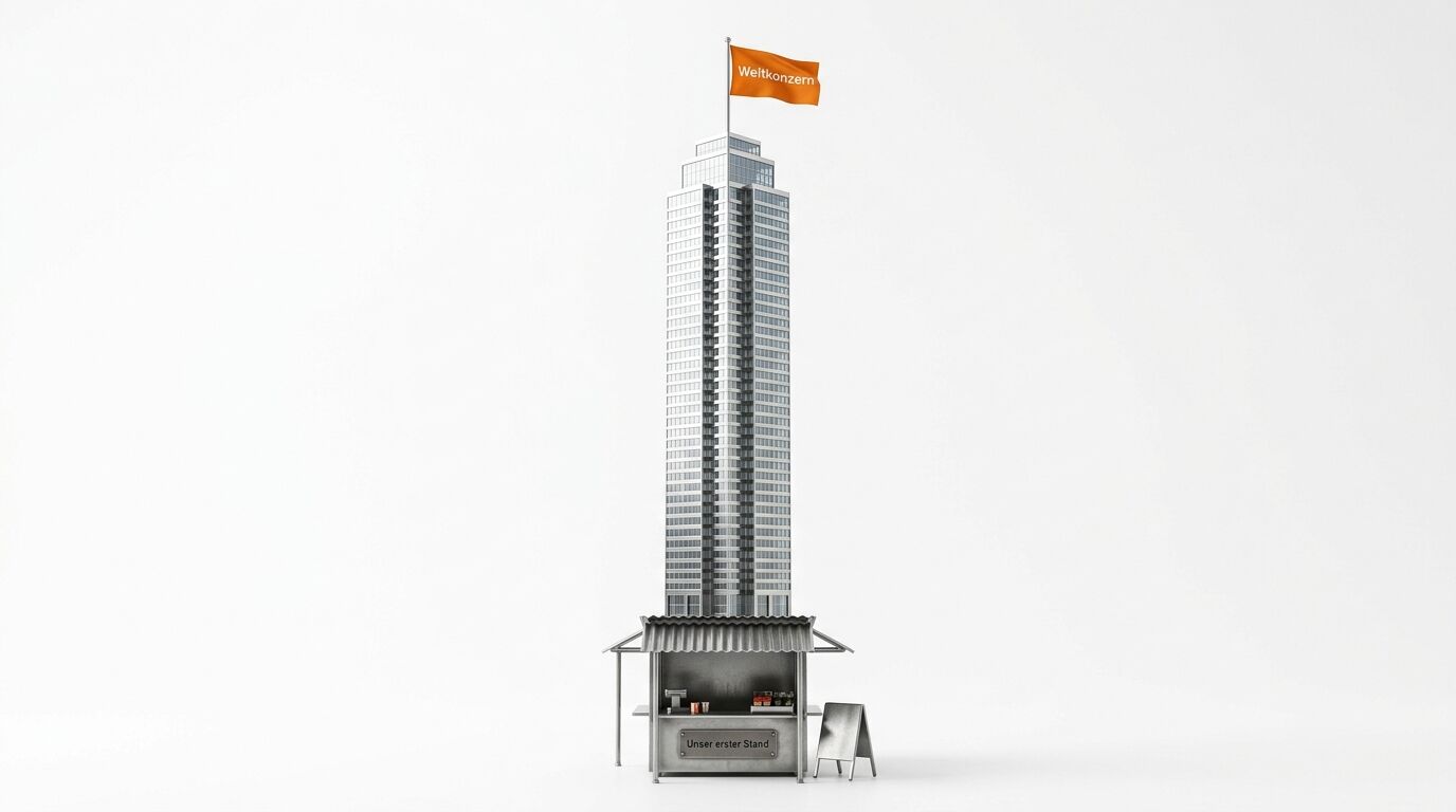 Kleiner Imbissstand, auf dem ein hohes Hochhaus mit orangefarbener Fahne steht