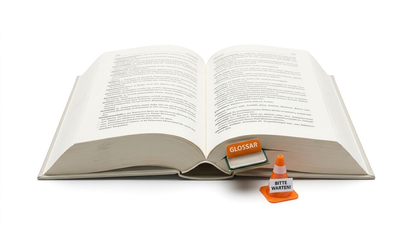 Geöffnetes Buch mit Baustellen-Hütchen und den Schriftzügen