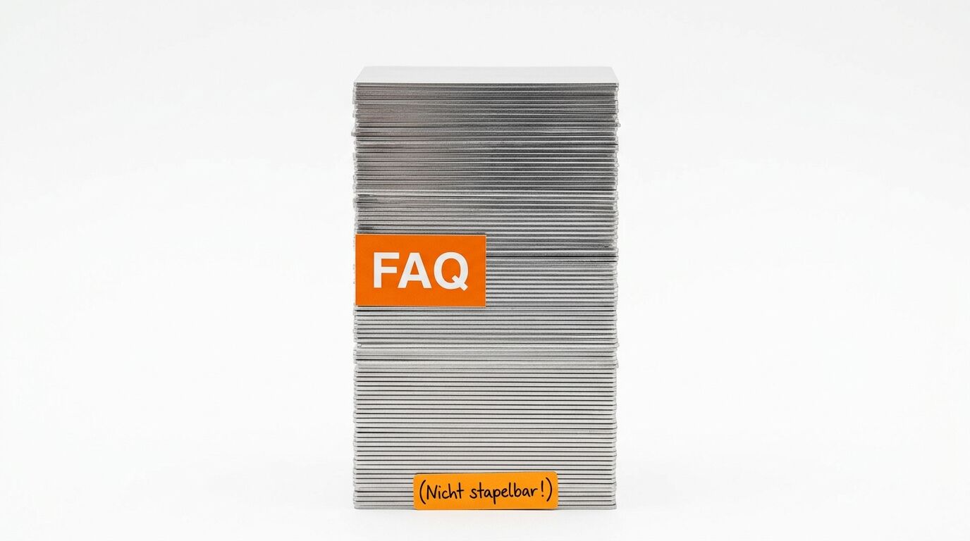 Stapel Metallplatten mit orangefarbenem Schild „FAQ“ und Warnhinweis unten