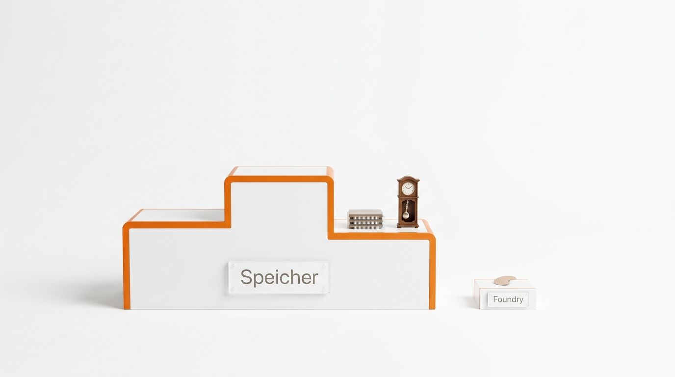 Weißes Podest mit orangefarbenem Rand, beschriftet mit „Speicher“ vor weißem Hintergrund