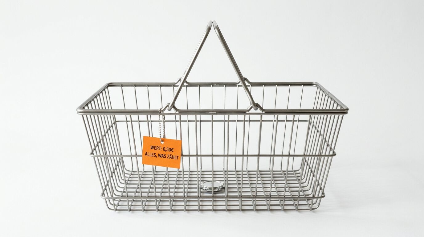 Metallener Einkaufskorb mit einem orangefarbenen Preisschild vor weißem Hintergrund