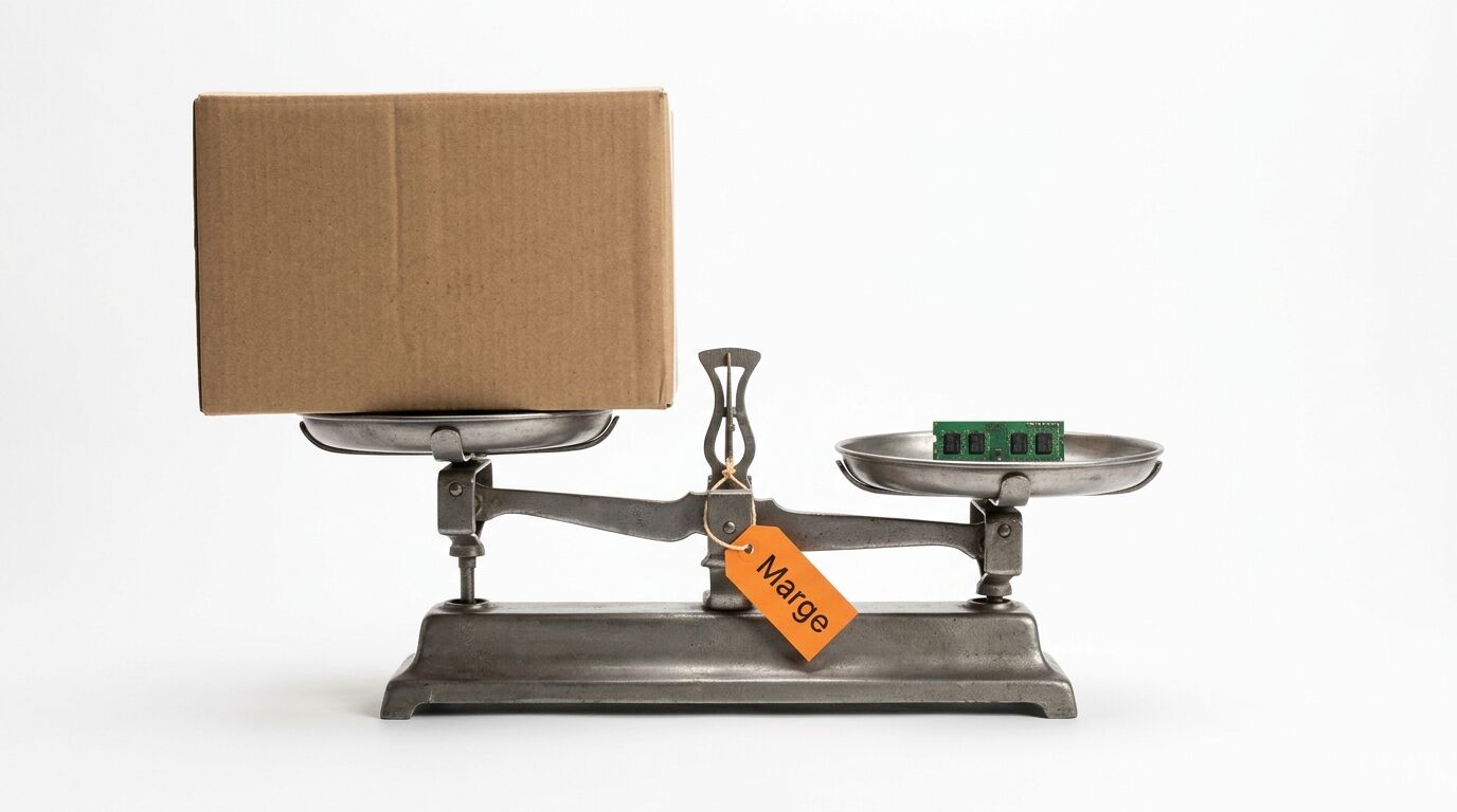 Waage mit Paket, Speicherchip und „Marge“-Schild
