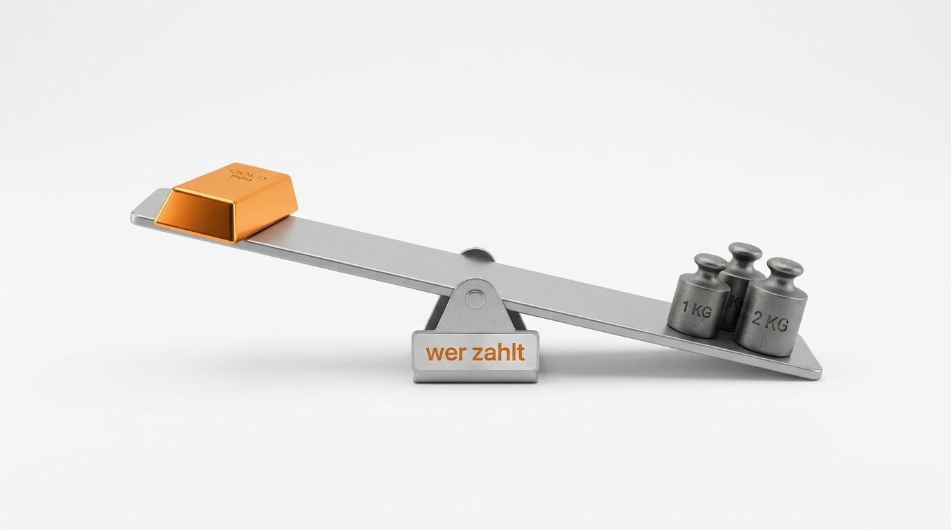 Eine Wippe mit einem Goldbarren und drei Gewichten auf der einen Seite, beschriftet mit „wer zahlt“