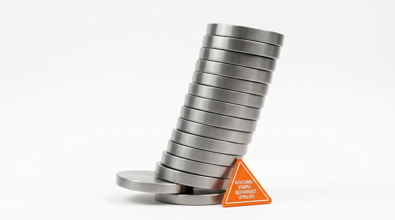 Schiefer Metallstapel wird von orangefarbenem Dreieck gestützt