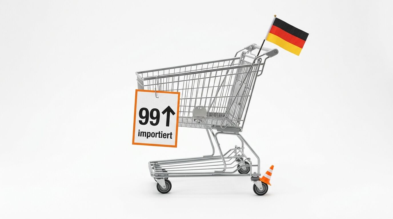 Einkaufswagen mit deutscher Flagge, Preisschild „99↑ importiert“ und Verkehrshütchen