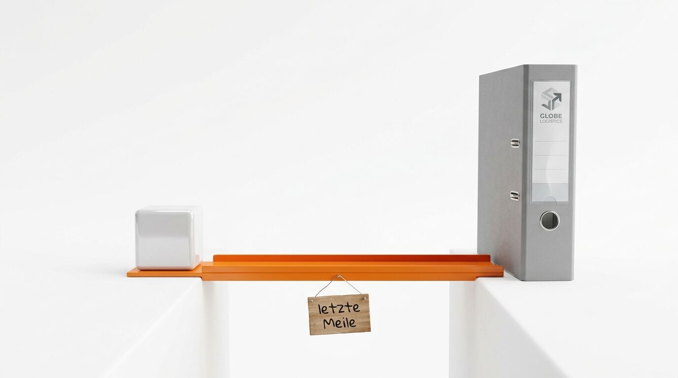 Ein weißer Würfel und ein Aktenordner, verbunden durch eine orange Brücke mit „Letzte Meile“-Schild