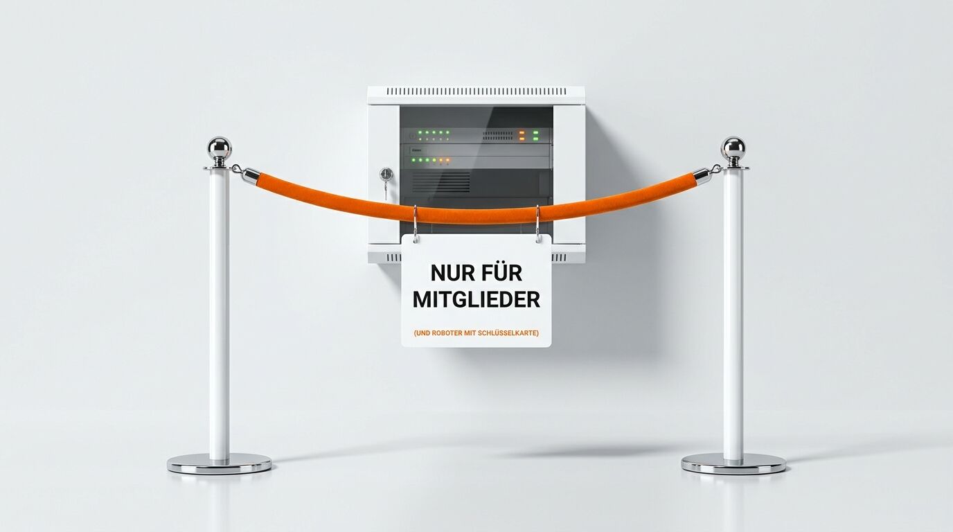 Rotes Absperrband vor Netzwerkschrank und Schilderaufschrift „NUR FÜR MITGLIEDER“