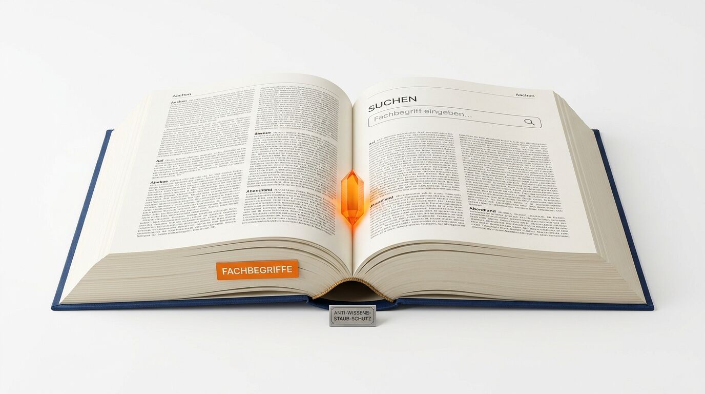 Aufgeschlagenes Buch mit Text, Suche, Kristall und Lesezeichen auf weißem Grund