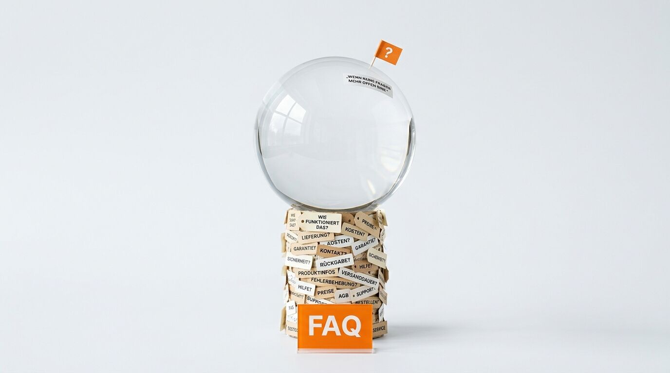 Eine Glaskugel steht auf gestapelten Frage-Pappschildern über einem FAQ-Schild