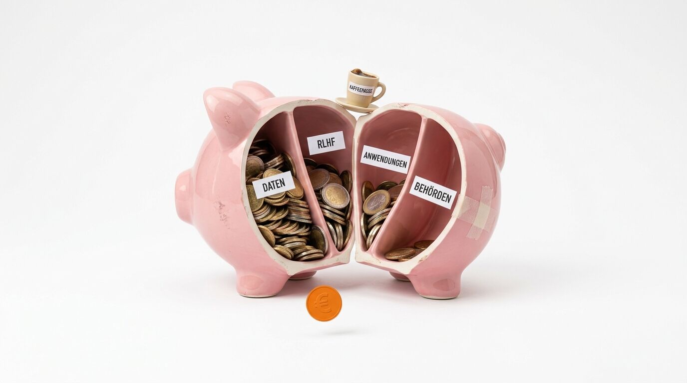 Geteiltes Sparschwein mit Münzen, beschriftet nach Kostenfaktoren wie Daten, RLHF, Anwendungen