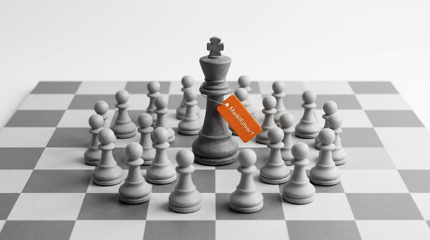Grauer Schachkönig mit orangefarbenem „Marktführer?“-Anhänger, umringt von weißen Bauern