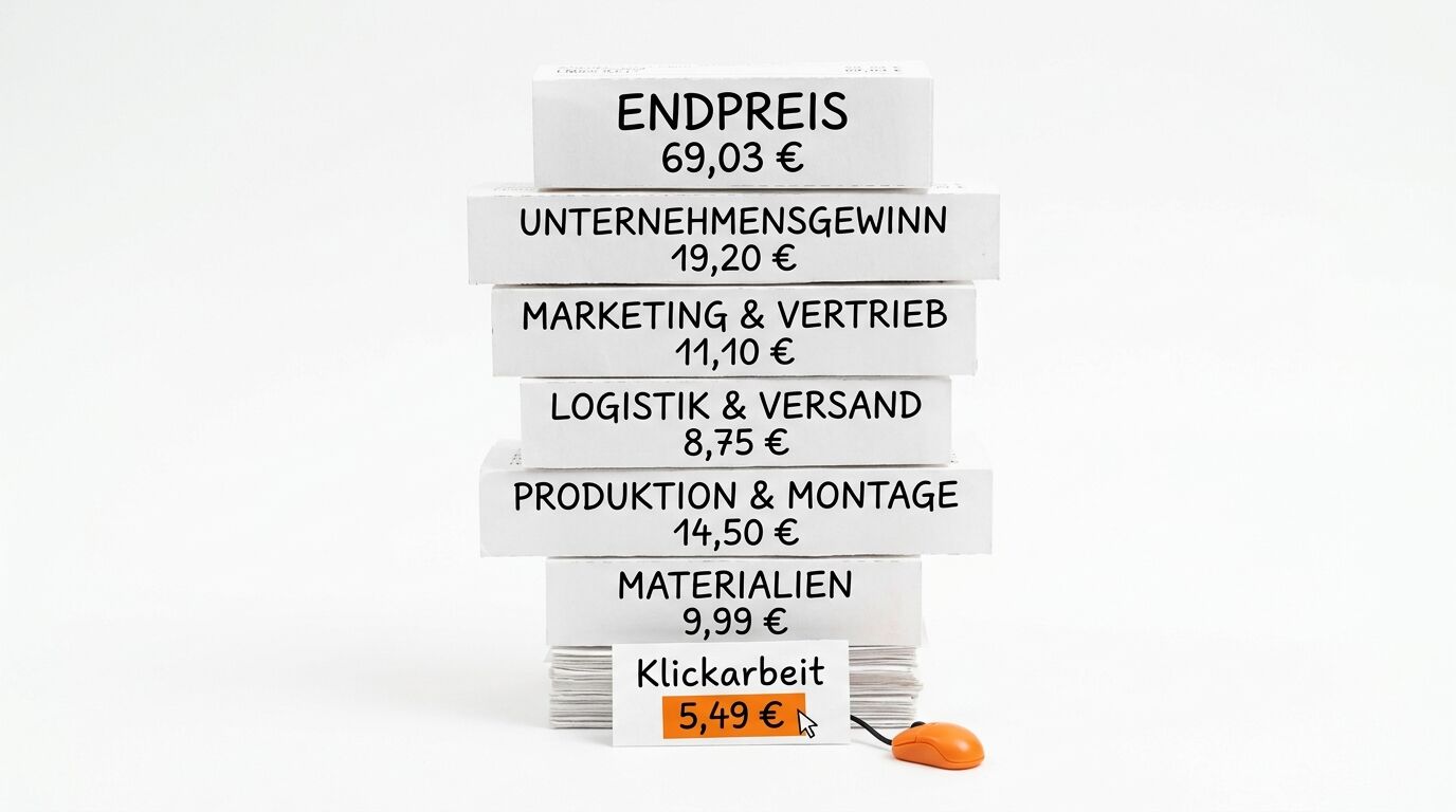 Stapel weißer Blöcke zeigt Kostenaufstellung mit Endpreis 69,03 €, Basis „Klickarbeit“ 5,49 €