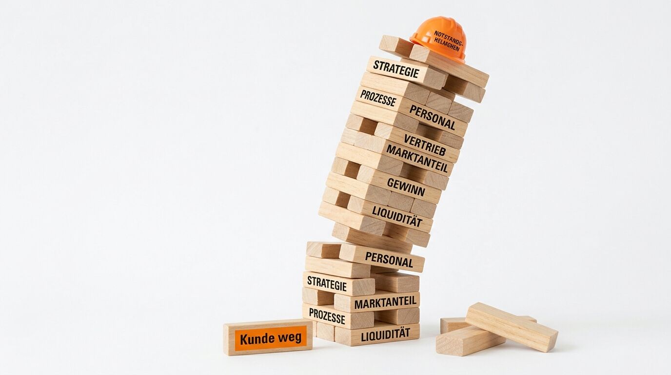 Ein umkippender Jenga-Turm aus Holzbausteinen mit verschiedenen Begriffen