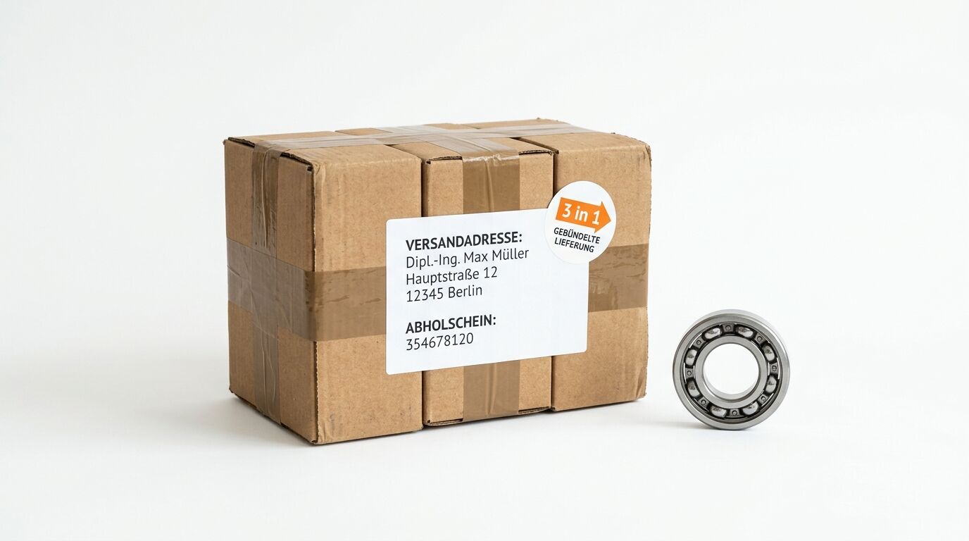 Kartonage mit Adressetikett und „3 in 1“-Aufkleber neben einem Metallkugellager