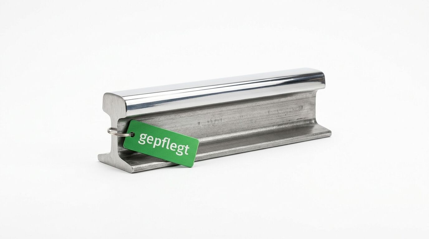 Schienenstück mit glänzender Oberfläche und grünem Anhänger mit der Aufschrift „gepflegt“