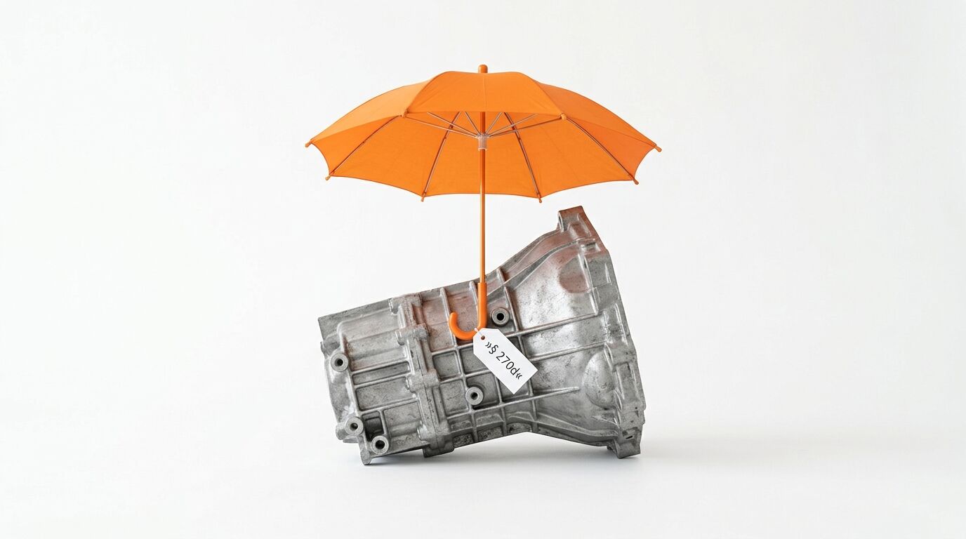 Getriebegehäuse unter orangem Regenschirm mit Etikett „§ 270d“