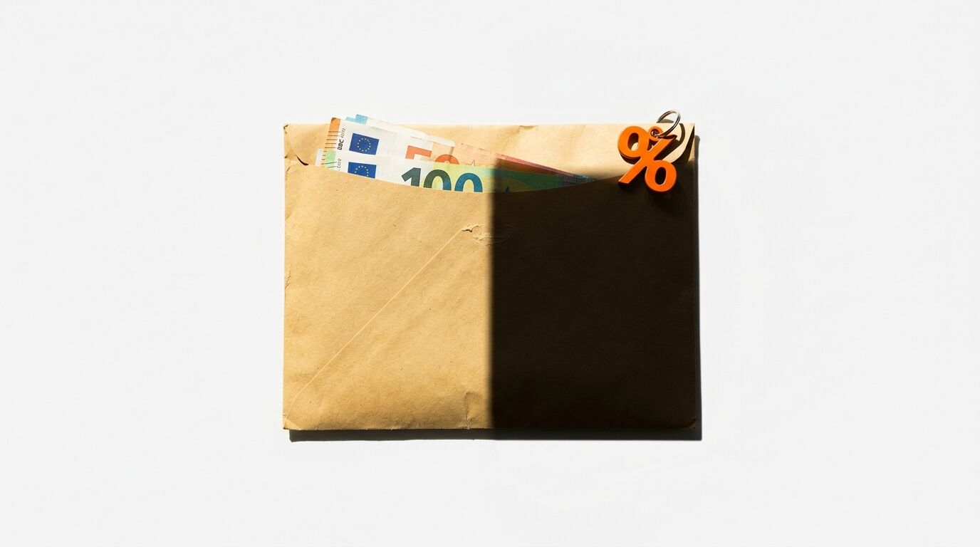 Brauner Umschlag mit Euro-Scheinen, teilweise im Schatten, und einem roten Prozentzeichen