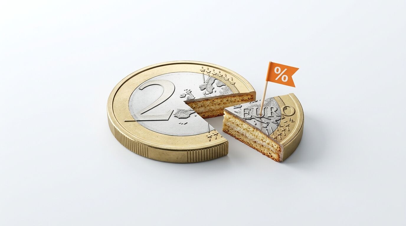 Als Torte gestaltete 2-Euro-Münze, angeschnitten, mit Prozent-Fahne