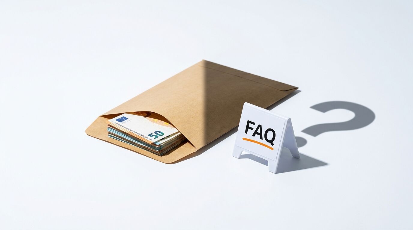 Briefumschlag mit Euro-Scheinen, FAQ-Schild und Fragezeichen-Schatten auf weißem Grund