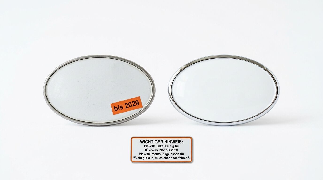 Zwei ovale Reflektoren und ein Hinweisschild mit deutschem Text