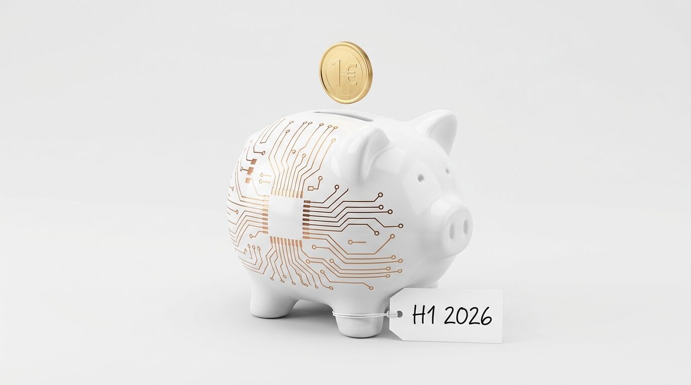Sparschwein mit Platinenmuster, Euro-Münze und Schild „H1 2026“ auf weißem Grund