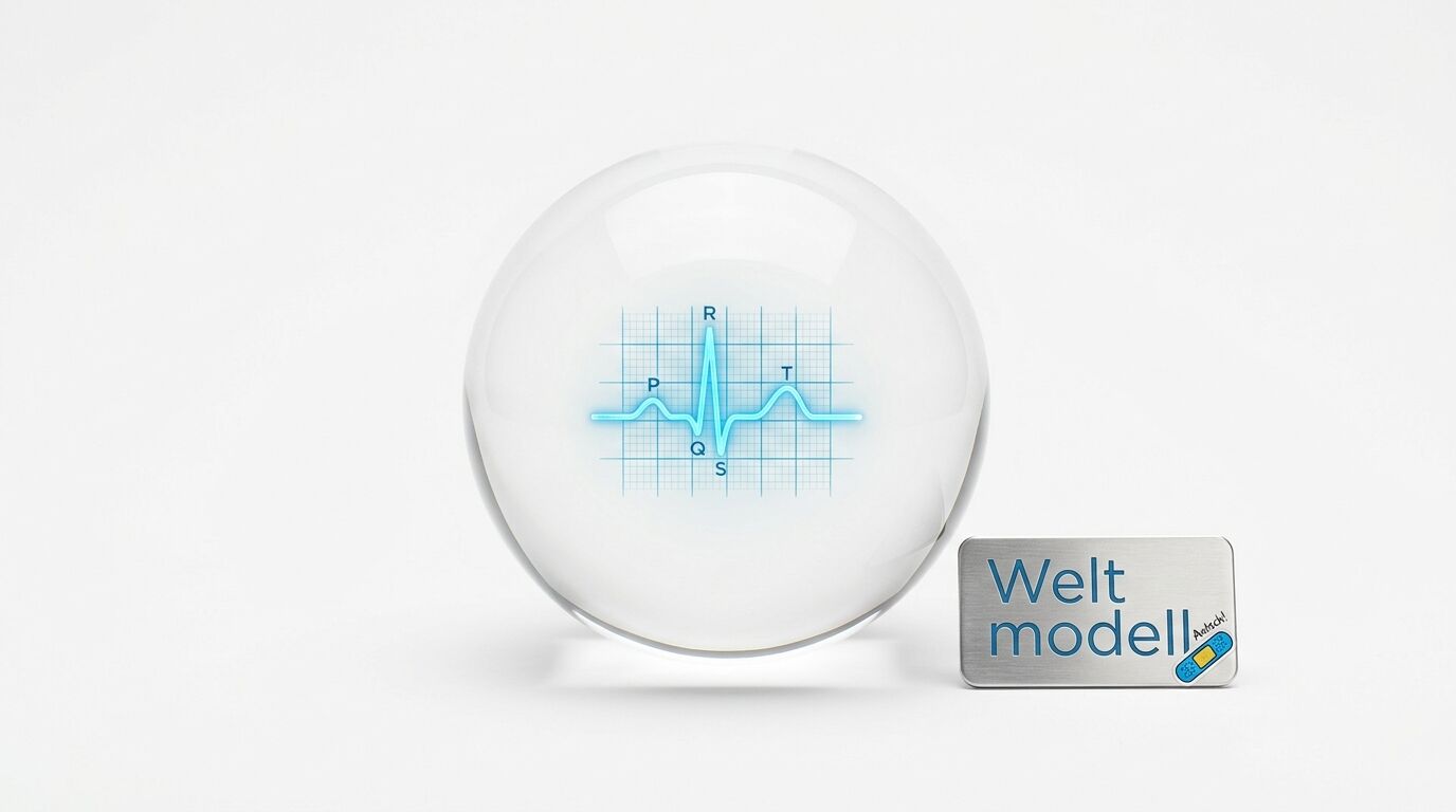 Glaskugel mit EKG-Kurve und Metallplakette