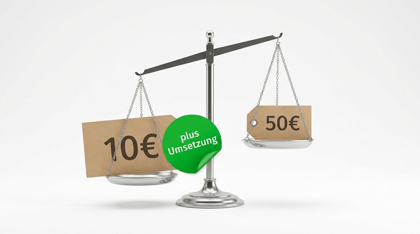 Waage mit 10€ auf der linken und 50€ auf der rechten Seite, grünes Etikett "plus Umsetzung" in der Mitte