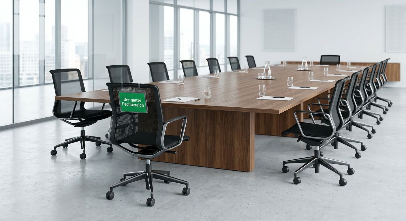 Moderner Konferenzraum mit langem Holztisch, schwarzen Bürostühlen und Glasfassade mit Stadtblick