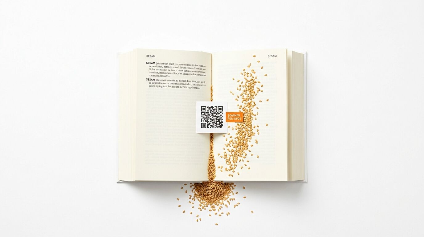 Geöffnetes Buch über Sesam mit QR-Code und gestreuter Saat