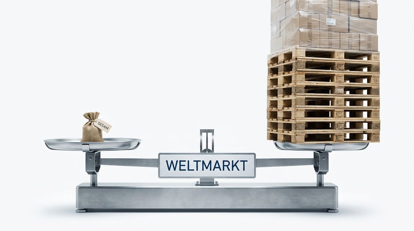 Balkenwaage mit Sack „SESAM“ und gestapelten Paletten, Beschriftung „WELTMARKT“