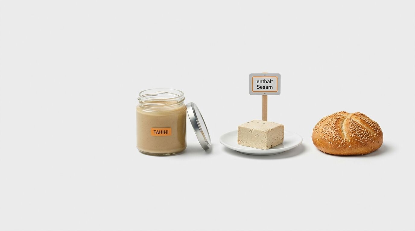 Ein Glas Tahini, Halva-Block, Sesambrötchen und ein Warnschild „enthält Sesam“ auf Weiß