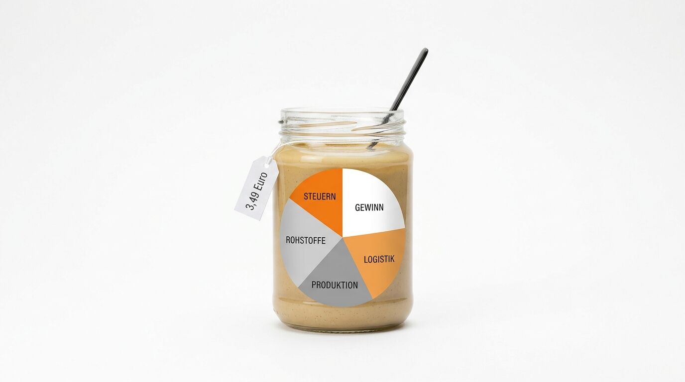 Glas mit Nussmus und Preisschild; Diagramm zeigt Kostenverteilung wie Steuern und Logistik