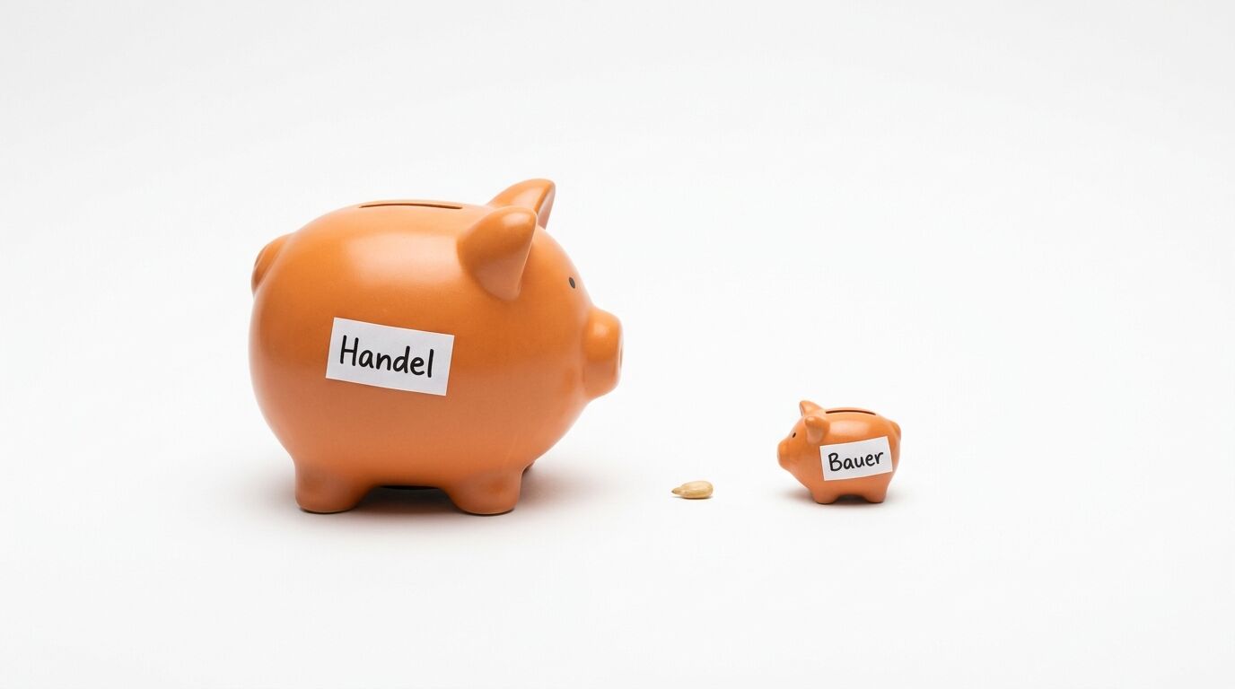 Großes und kleines Sparschwein auf weißem Grund mit den Beschriftungen „Handel“ und „Bauer“