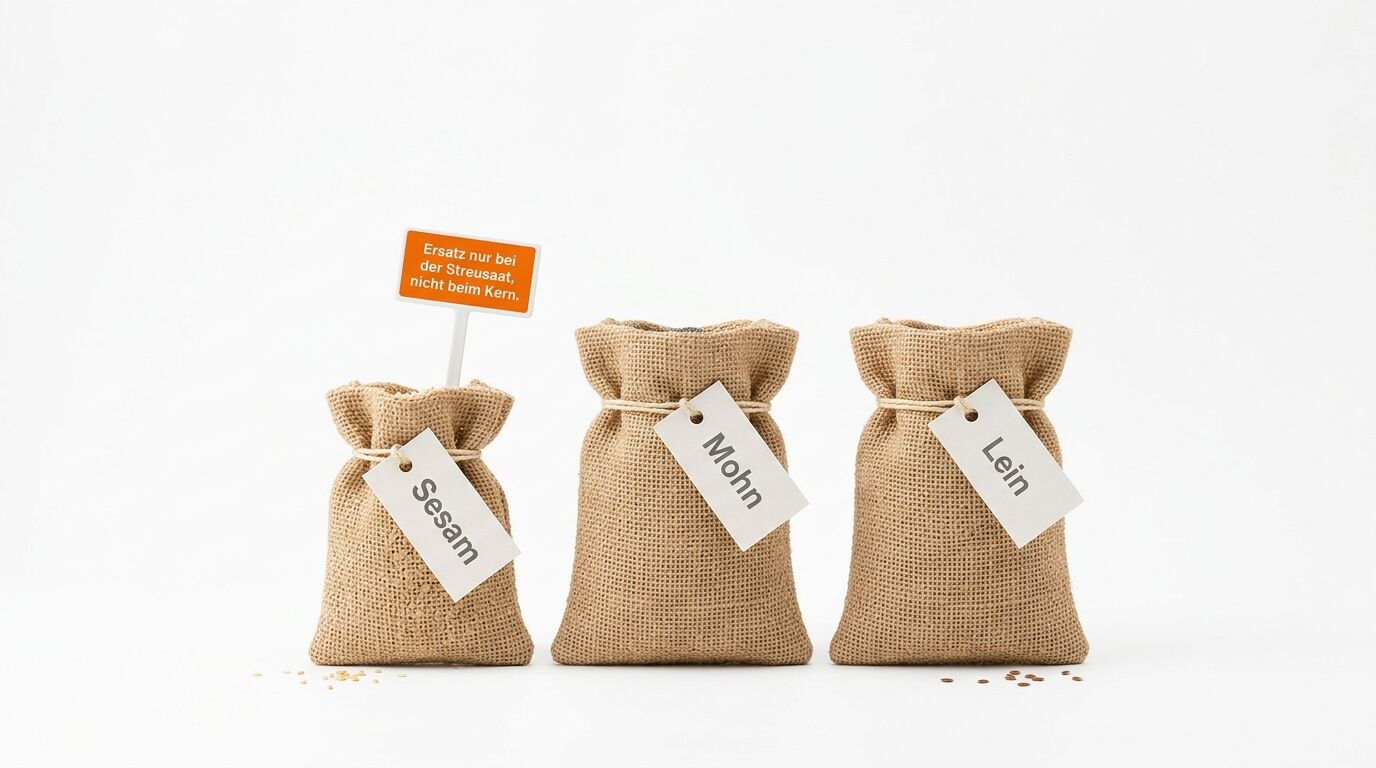 Drei Jutesäcke mit Etiketten für Sesam, Mohn, Lein. Das Sesam-Säckchen hat ein Hinweisschild