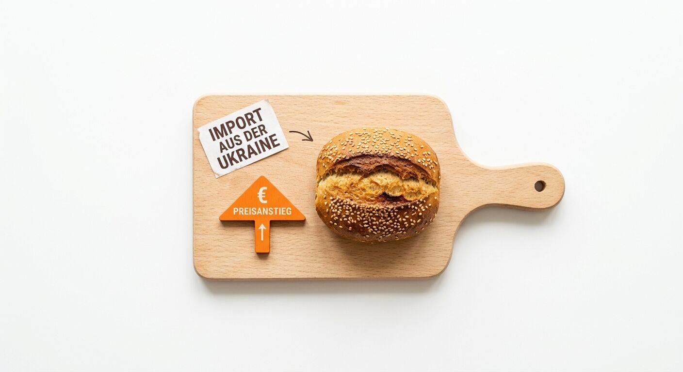 Brötchen, Pfeil „Preisanstieg €“ und „Import aus der Ukraine“-Notiz auf Brett vor Weiß