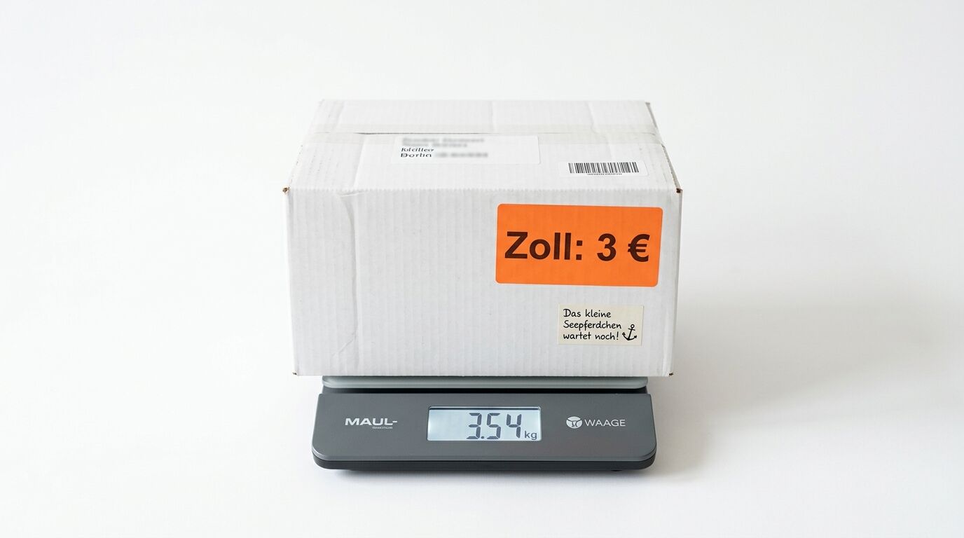 Karton auf Waage (3,54 kg) mit Aufkleber „Zoll: 3 €“ vor weißem Hintergrund