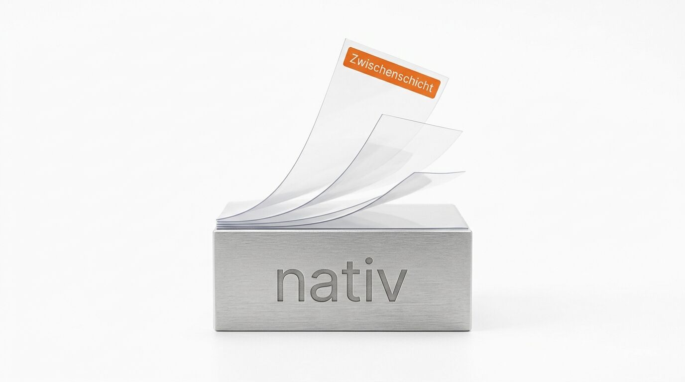 Metallblock „nativ“ mit drei aufgerichteten, transparenten Lagen, obere mit „Zwischenschicht“