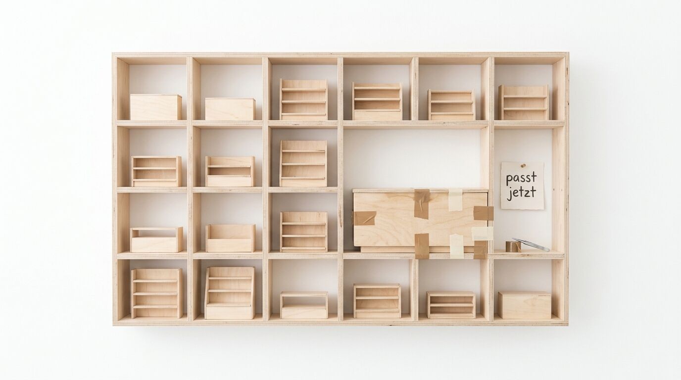 Holzregal mit mehreren Fächern, gefüllt mit kleinen Holzkisten und Boxen in verschiedenen Größen, ein Schild mit "passt jetzt"