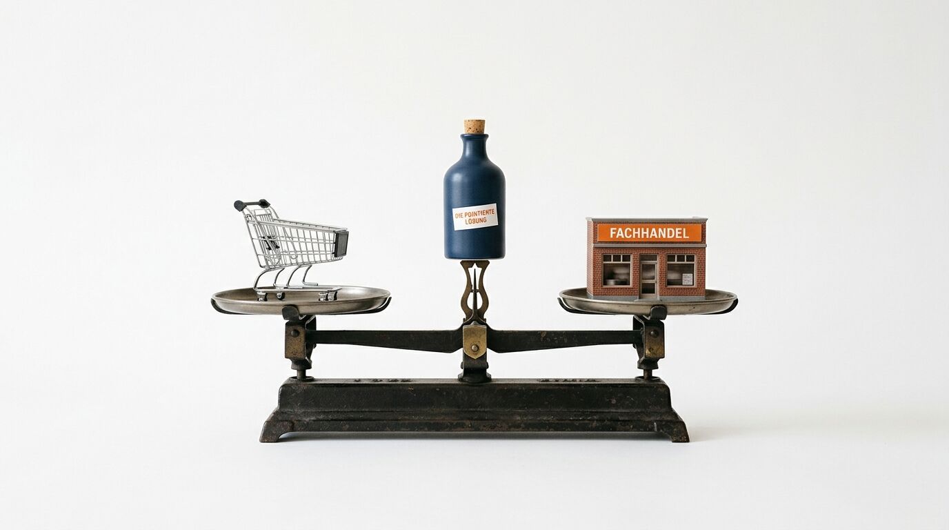 Waage mit Einkaufswagen links, Flasche mittig, Fachhandel-Modell rechts