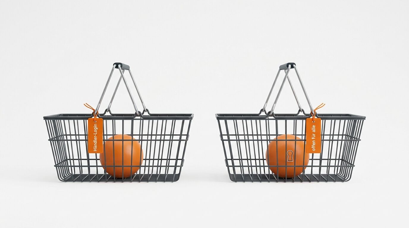 Zwei Einkaufskörbe mit orangefarbenen Kugeln und Etiketten nebeneinander vor weißem Grund