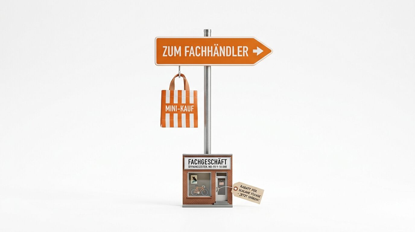 Wegweiser „ZUM FACHHÄNDLER“, darunter eine Einkaufstüte und ein Modell-Fachgeschäft