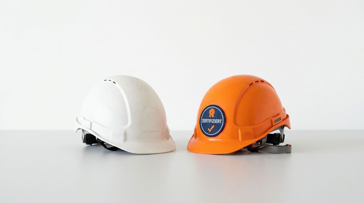 Ein weißer und ein oranger Schutzhelm stehen nebeneinander auf hellem Grund