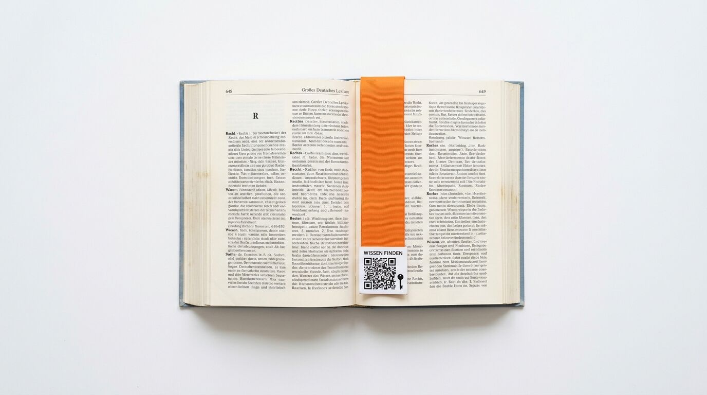 Ein aufgeschlagenes Lexikon mit Text und einem orangefarbenen Lesezeichen inklusive QR-Code