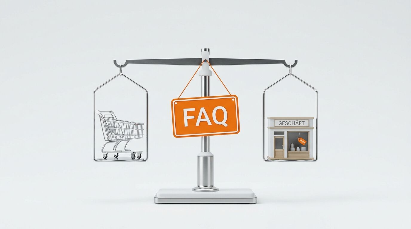 Eine Waage im Gleichgewicht mit einem Einkaufswagen, einem Geschäft und einem FAQ-Schild