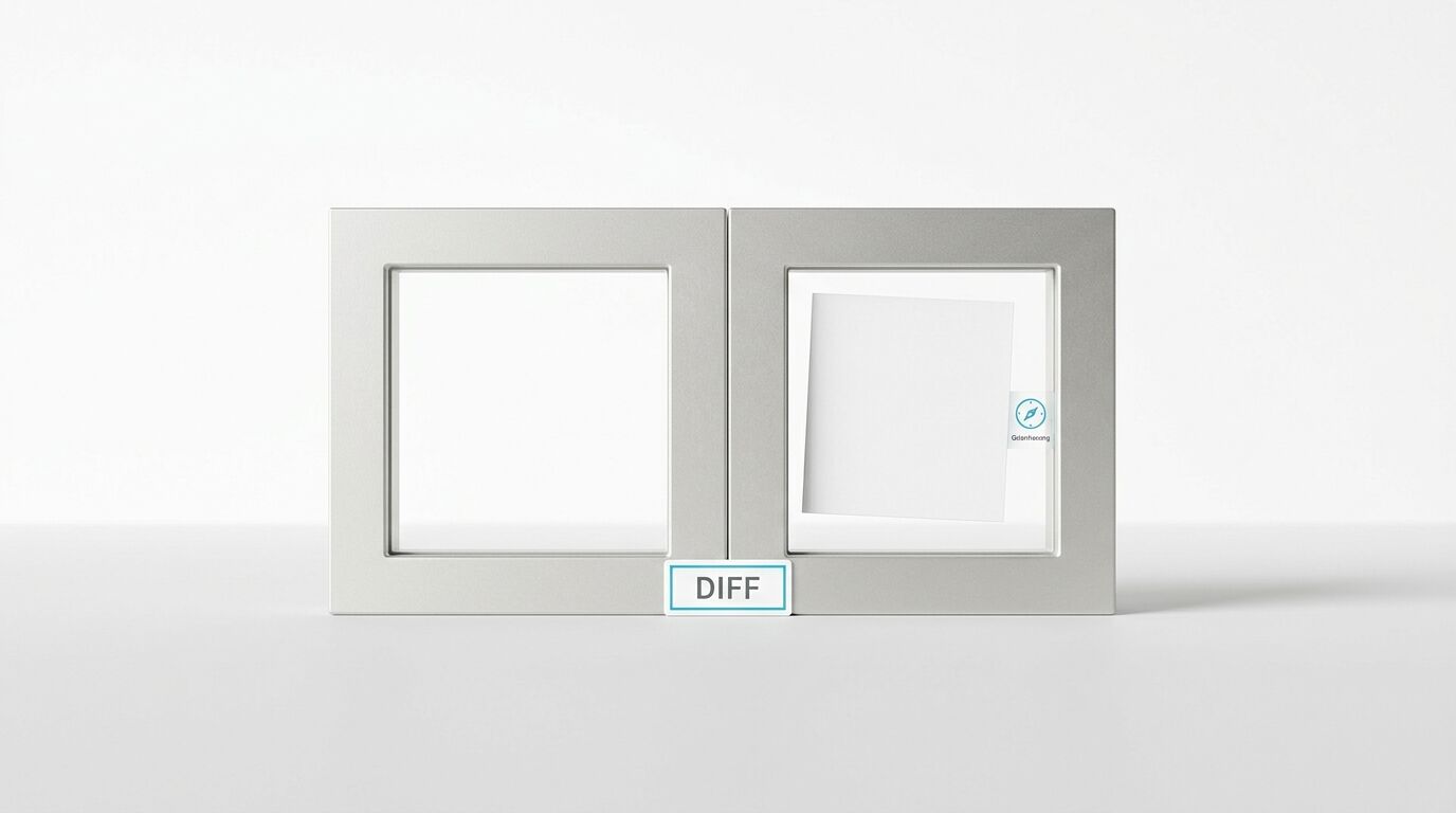 Zwei silberne quadratische Rahmen nebeneinander mit einem 'DIFF'-Schild unten