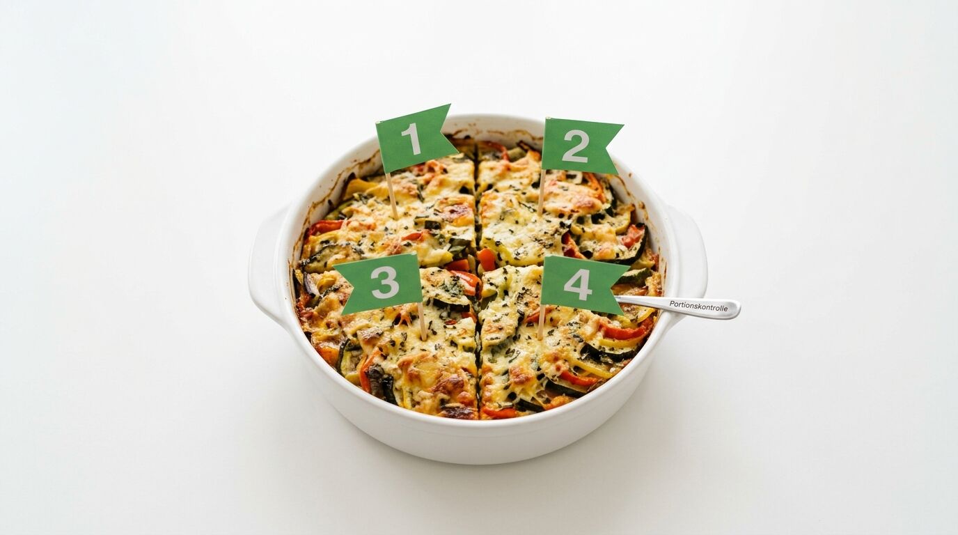 Vegeteauflauf in weißer Form, in Viertel geteilt, markiert mit grünen Flaggen 1-4