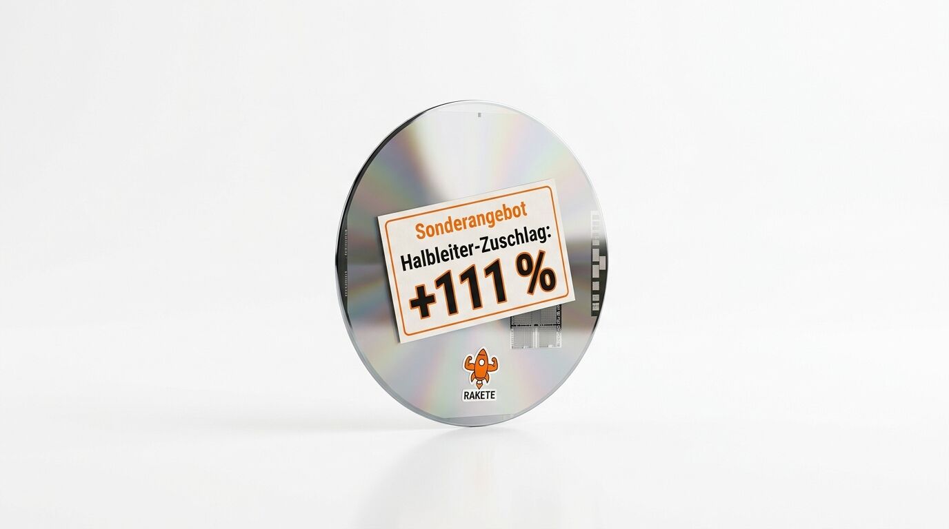 Siliziumwafer mit Raketen-Logo und Preisaufkleber für „Halbleiter-Zuschlag“ (+111%)