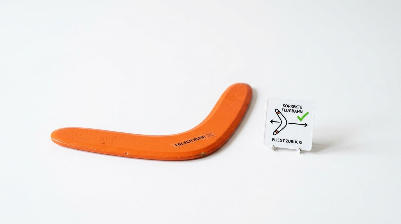 Oranges boomerang-ähnliches Wurfspielzeug mit Text "FALSCH RUMI" neben Anleitsungsschild mit deutschen Flugbahn-Anweisungen