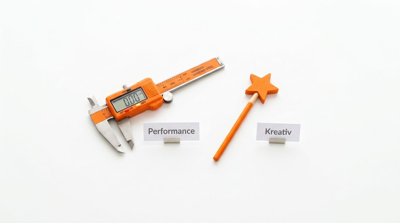 Digital-Schieblehre mit "Performance"-Label und Zauberstab mit Stern und "Kreativ"-Label auf weißem Hintergrund